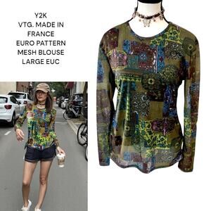 Y2K VTG. MADE IN FRANCE PARIS PATTERN GRAPHIC PRINT‎ PARIS BLOUSE LARGE EUC